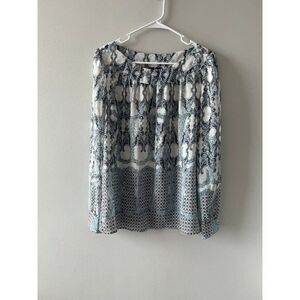 Milano Women Blue White Floral Geometric Long Sleeve Lightweight Modern Blouse